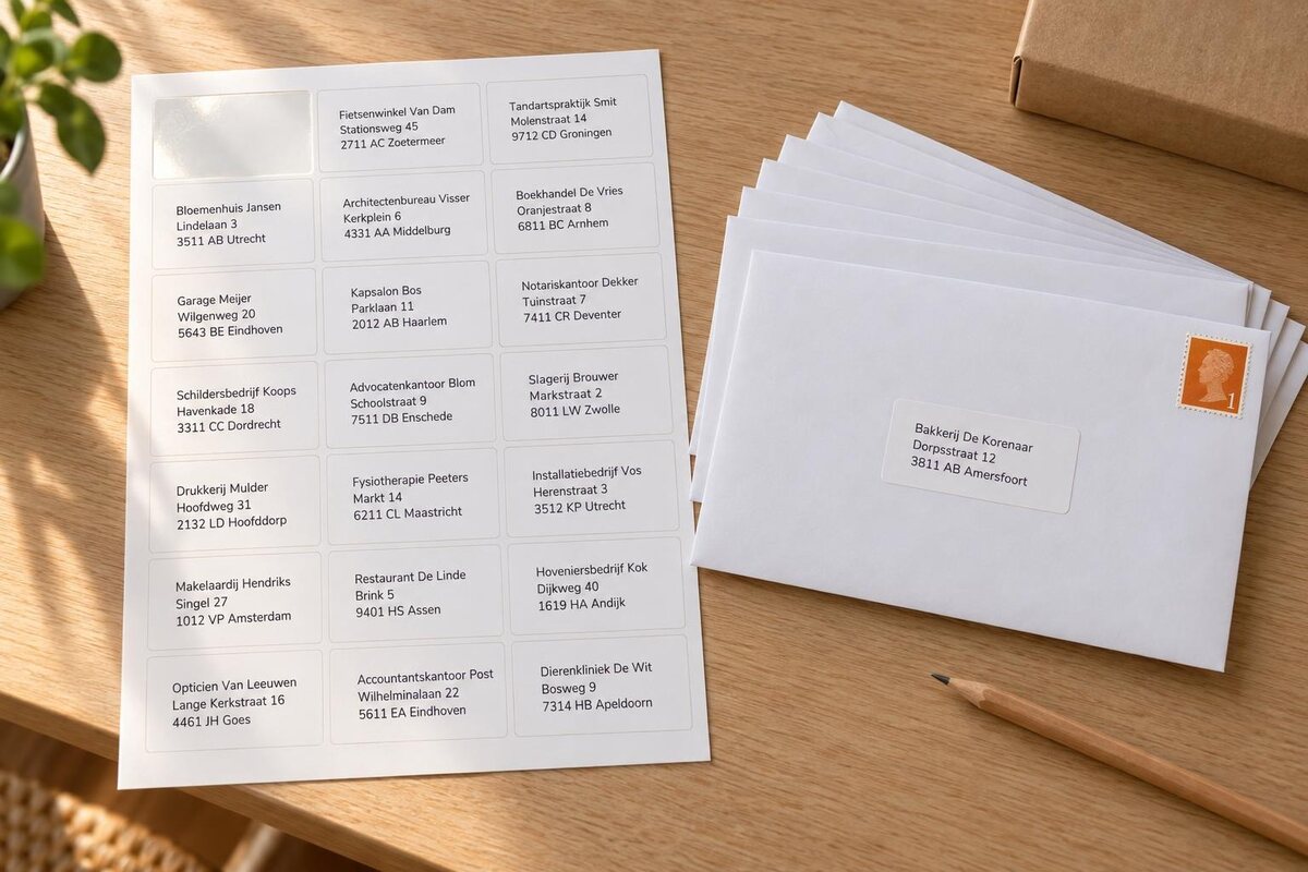 Een vel met 21 adresetiketten naast een stapel witte enveloppen, de bovenste met een etiket en een postzegel