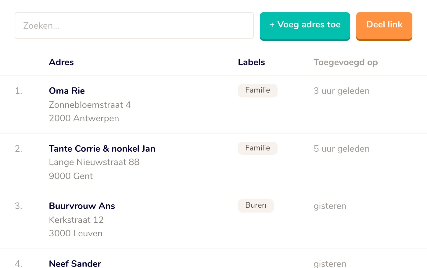 Een adresboek vol adressen van familie en vrienden