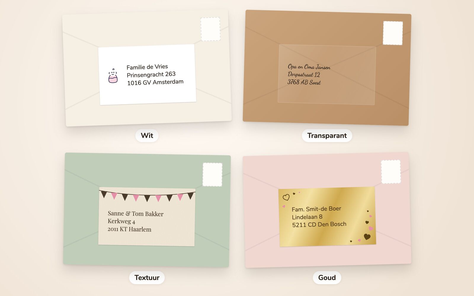 Vier soorten papier, elk met een eigen ontwerp